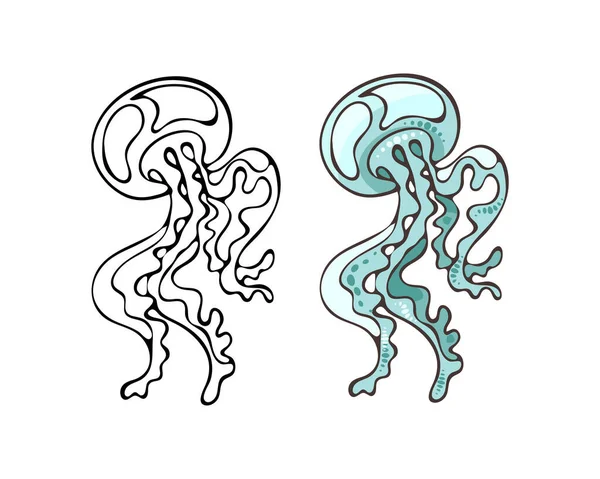 211_Marine Inhabitants Jellyfish Blue Tentacles Colorful Drawing White Black Sea — 图库矢量图片