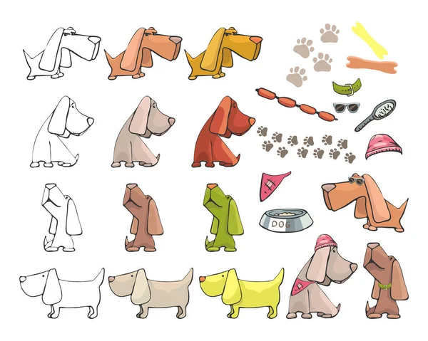 182_Dog Cartoon_Dogs Accessories Set Dog Black Contour White Background Colored — Stok Vektör