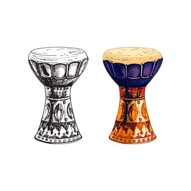 136_congas, darbuka percussion instrument, traditional hand percussion, membranophone, darbuka, cuban drum, national symbol of egyptian music shaabi, hand drawing, colorful, isolated, set, black and white, colored