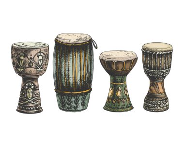 131 _ congas, darbuka _ djembe congas yüksek Küba davulu, enstrüman, el perküsyonu, membran, darbuka, Küba davulu, Mısır müziğinin ulusal sembolü shaabi, djembe, batı Afrika davulu, el çizimi, renkli, izole