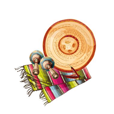 80 _ sombrero hasır şapka, sombrero, kırmızı biber, marakas, halı, mayonez pankartıyla kompozisyon, beyaz arka planda Meksika geleneksel ürünleri.,