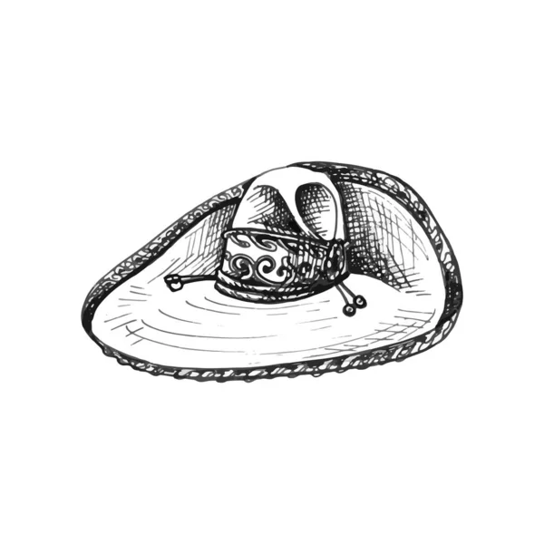 Sombrero Sombrero Detaylı Grafik Çizimi Siyah Beyaz Meksika Geleneksel Giysileri — Stok Vektör