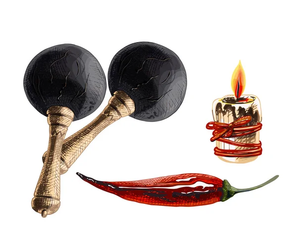 38_Maracas Maracas Colorful Engraving Style Icon Detailed Drawing Red Chili — Vetor de Stock