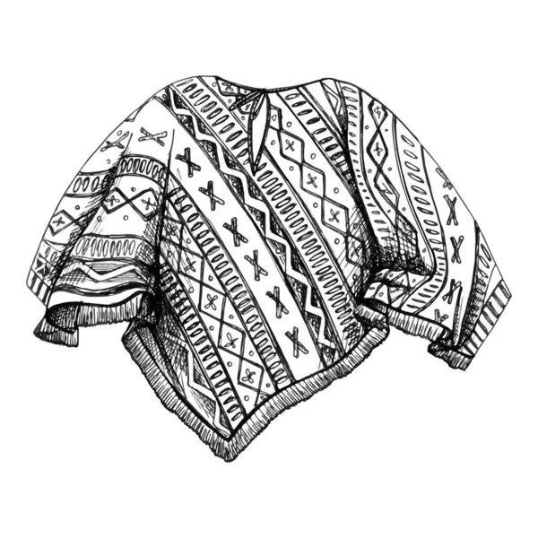 41_Poncho Mexican Pattern Realistic Mexican Poncho Clothingdrawing Linear Cinco Mayo — стоковый вектор