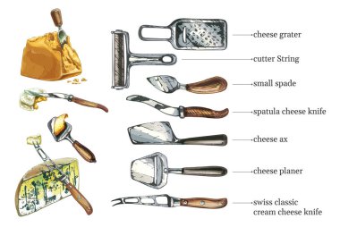 647 _ peynir bıçaklı bıçak seti isim, el rengi çizim