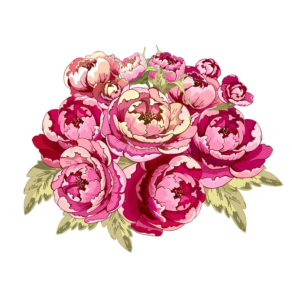 Pivoines Fleurs Pivoine Bouquet Fleurs Roses Avec Feuilles Vertes Dessin — Image vectorielle
