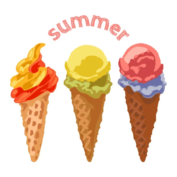 668_ice cream balls_ice cream, waffle cup, cone stacked ice cream in waffle cone on white background, big colorful dessert, vector printable template
