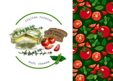 701 _ Peynir, fesleğen, ekmek, domates, sağlıklı italyan yemek illüstrasyonu seti, hızlı atıştırma, taze yemek, kusursuz desen