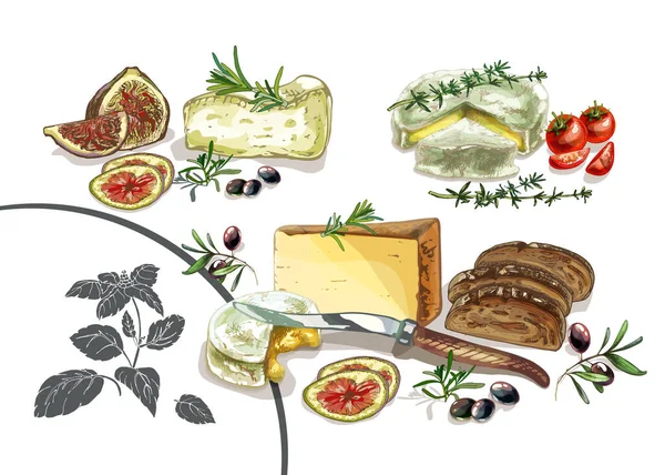 702_CHEESE soft cheese, basil, bread, tomato, figs, healthy italian food illustration set, fast snack, fresh food, seamless pattern
