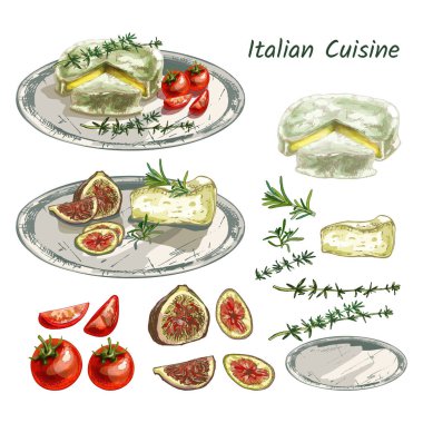 627 _ Cheese, farklı çeşitlerde peynir, domates, kekik, incir, biberiye, kırmızı yemek seti, tabakta lezzetler