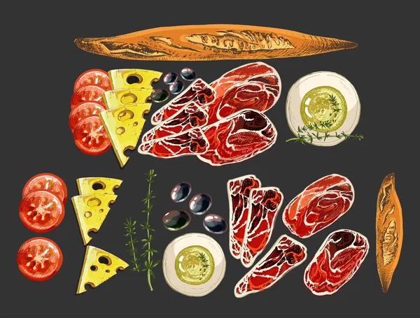 630 _ prosciutto et, pastırma, sosis, domates, peynir, zeytin, sos, kekik, baget, renkli kahvaltı resimleri, koyu arkaplanda sağlıklı soğuk aperatifler