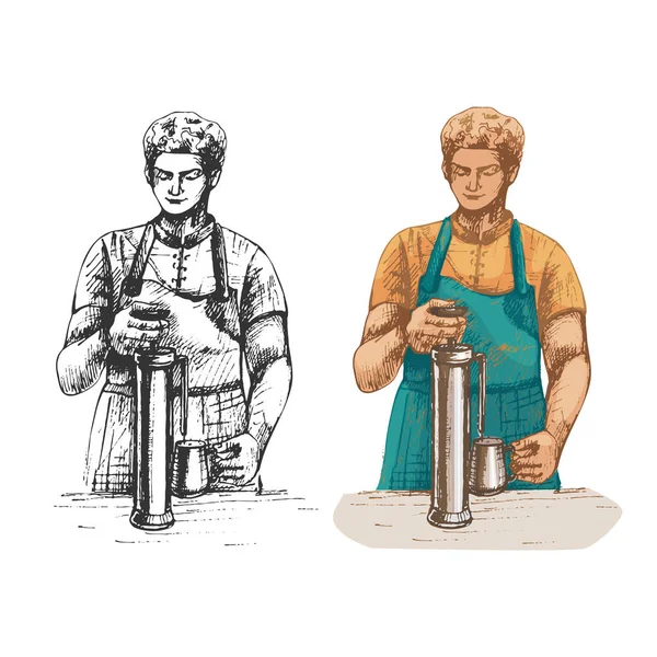 599_barista man, color illustration, black and white, graphics, barista prepares coffee