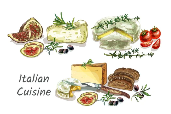 Beyaz arka plan, peynir, domates, ekmek, şifalı otlar, biberiye, kimyon, incir, domates, zeytin üzerine hızlı bir atıştırmalık için bir set ürün.