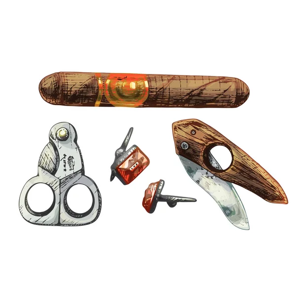 545 Cigar Zigarrenschere Zigarre Zigarrenschere Bunte Handzeichnung Nahaufnahme Manschettenknöpfe — Stockvektor