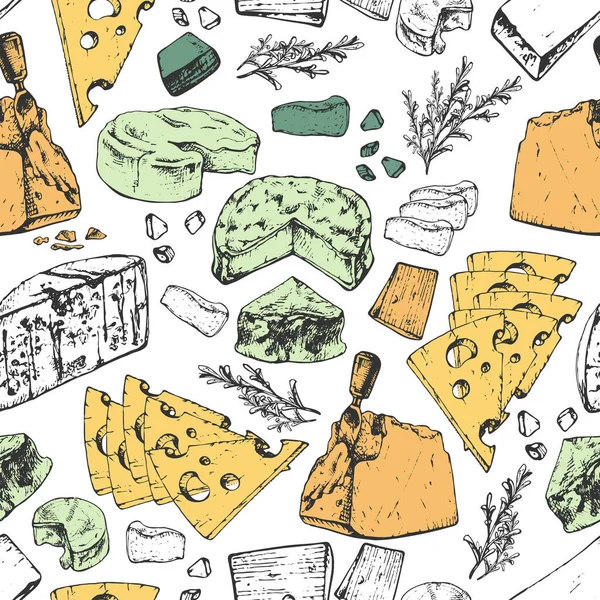 503 Formaggio Diverse Varietà Modello Senza Cuciture Disegno Grafico Schizzi — Vettoriale Stock