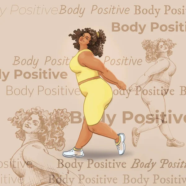 Body Positive Girl Dark Skin Dances Goes Sports — Stockfoto