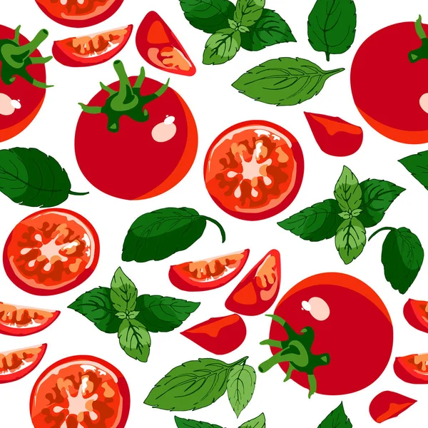 513_Tomato_Basil Tomato Whole Slices Basil Leaves White Background Seamless Pattern — Stock vektor