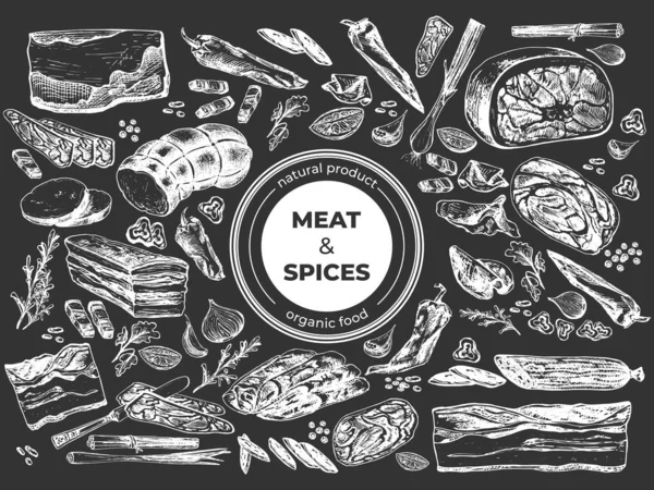 511 Мясо Специи Куски Мяса Колба Белый Контур Темном Фоне — стоковый вектор