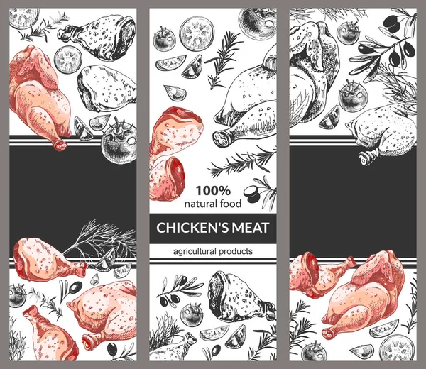 518 Куриное Мясо Три Варианта Оформления Фона Куриного Мяса Графические — стоковый вектор