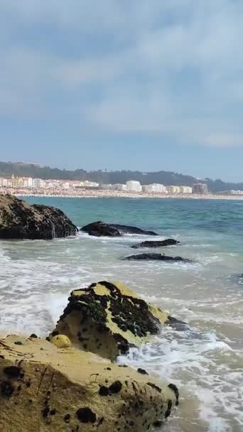 Atlantic Ocean Shoreline Nazare Beach Portugal Short Vertical Video — Stock Video