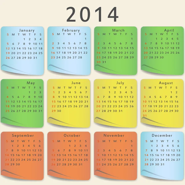 ปฏิทินสีสัน 2014 ปี — ภาพเวกเตอร์สต็อก