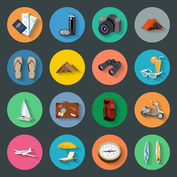 Conjunto de iconos planos de turismo — Vector de stock