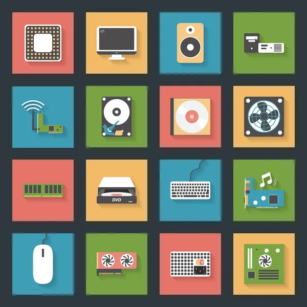 Computerrandapparatuur en onderdelen platte icons set — Stockvector