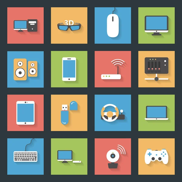 Set di icone piatte per computer, periferiche e dispositivi di rete — Vettoriale Stock