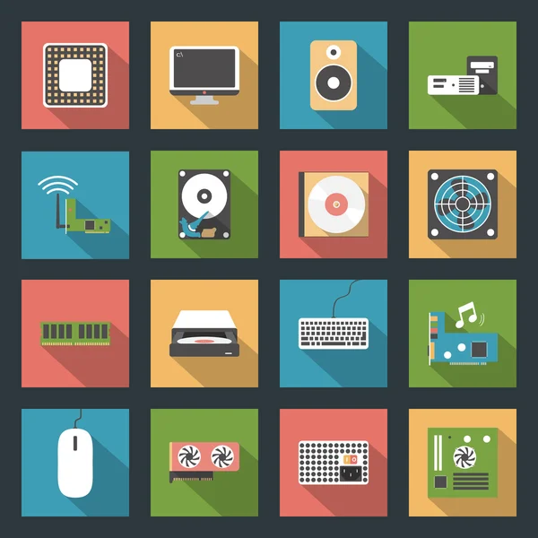 Computerrandapparatuur en onderdelen platte icons set — Stockvector