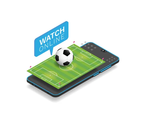Football Online Soccer Ball Isometric Football Field Smartphone Football Matches — Stock Vector