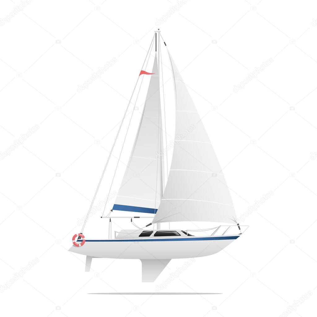 White sailboat is in a side view with blue stripes isolated on a white background. Vector illustration.