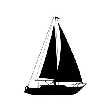 Sailboat black silhouette is isolated on a white background. Black shape of a sailboat is in a side view