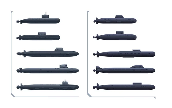 潜水艦セット 海軍の潜水艦セットは 白い背景に隔離された側のビューにあります ベクターイラスト — ストックベクタ