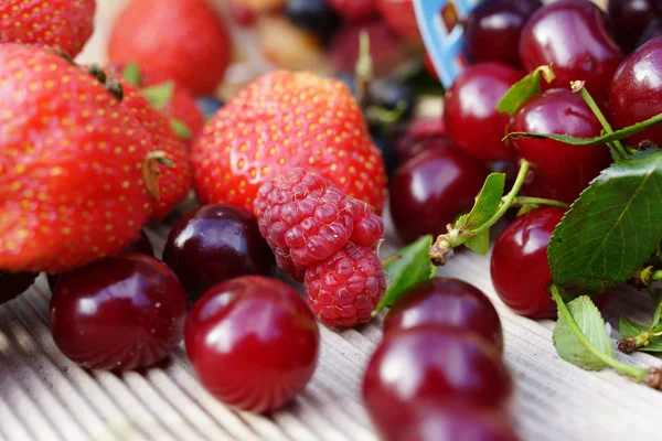 甜蜜夏日浆果： 草莓、 樱桃、 葡萄干、 覆盆子 — 图库照片