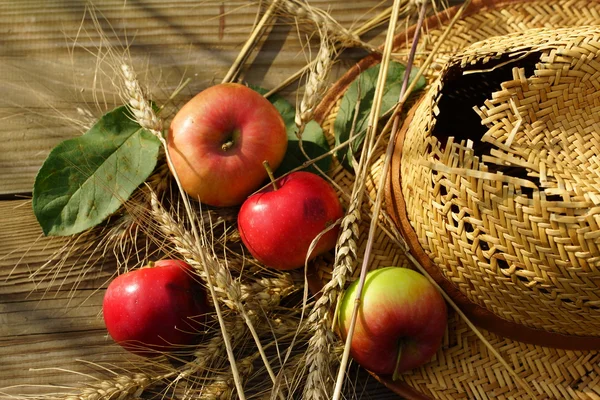 Manzanas, espigas de trigo y sombrero de paja —  Fotos de Stock