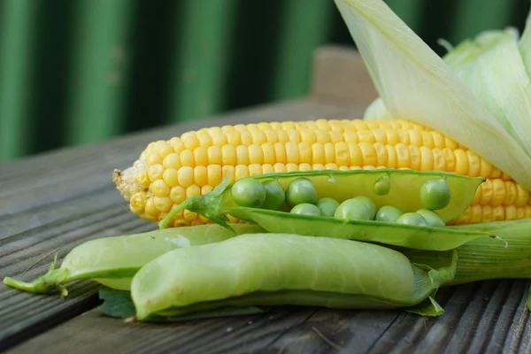 Corn cob and pea pods — Stock Photo, Image