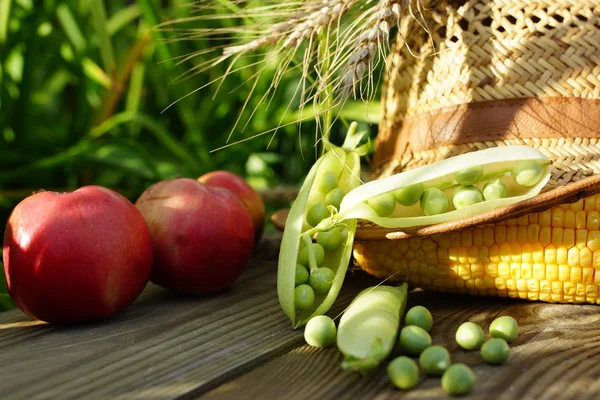 Composición rural con guisantes, maíz y sombrero de paja — Foto de Stock