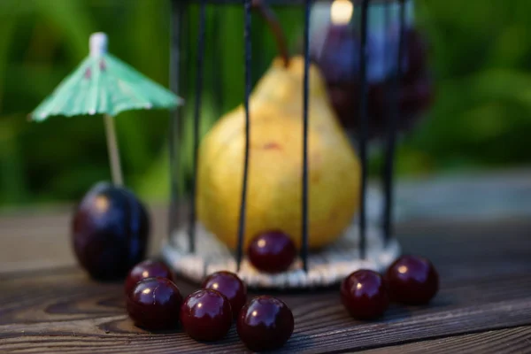 Fruity park. pear in a cage and cherries on excursions around her — Stock Photo, Image