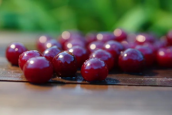 Cereza mojada sobre una plancha de madera sobre un fondo verde borroso —  Fotos de Stock