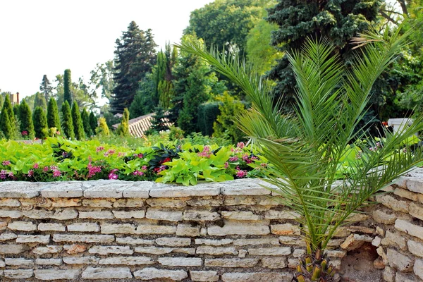 Mauer aus Stein im Garten. — Stockfoto