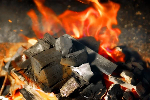 Du charbon de bois et de la flamme dans un barbecue — Photo