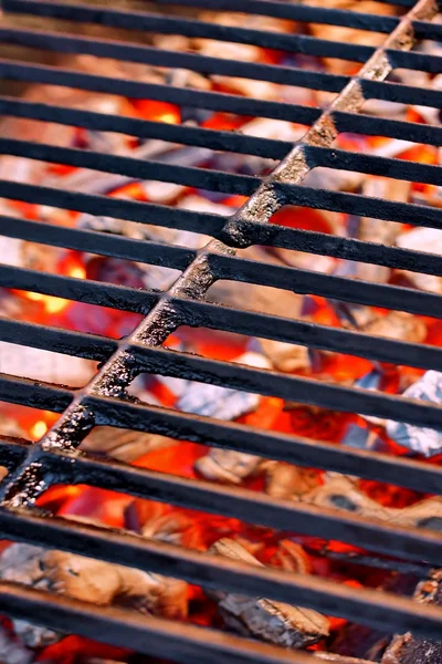 Grelha de ferro fundido e carvão em chamas em churrasco — Fotografia de Stock
