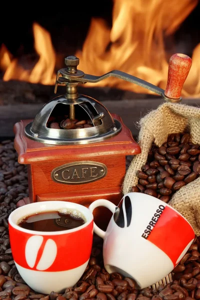 Two Cups of Espresso, Coffee Beans and grinder — Stock Photo, Image