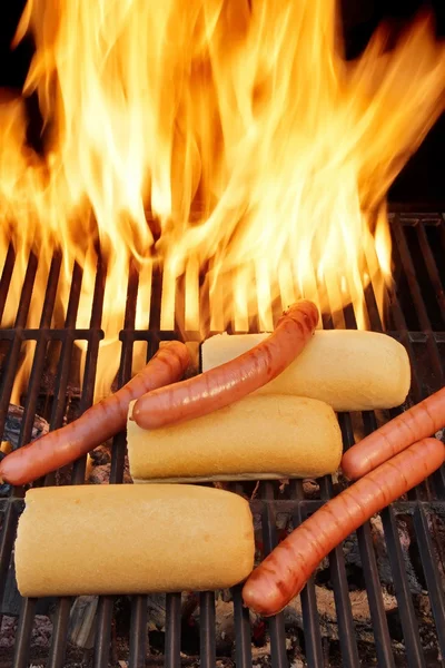 Hot dogs on the BBQ grill under flaming coals, XXXL — Stock Photo, Image