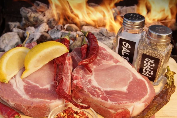 Raw Organic Bone Steaks with spice near BBQ Grill, XXXL — Stock Photo, Image