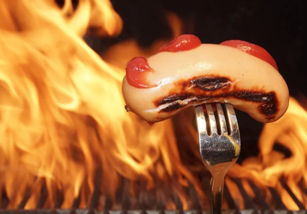 Big Sausage and BBQ Grill in Background — Stock Photo, Image