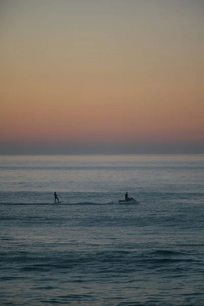 Jet Ski Towing Foil Surfer Sunset Atlantic Ocean — Stockfoto