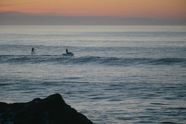 Jet Ski Towing Foil Surfer Sunset Atlantic Ocean — 图库照片