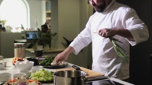 台所のエプロンの男は自家製の昼食を準備している 調理は サラダを作るためにナイフで野菜やハーブをカット健康的な食事のための成分の準備 ベジタリアンフード — ストック動画