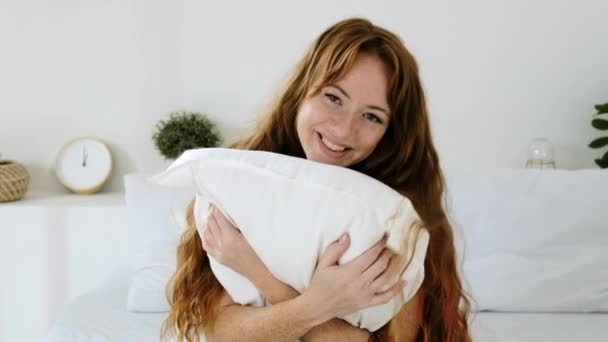 Happy Beautiful Woman Morning Bed Hugs Soft Pillow Herself Good — Stock Video